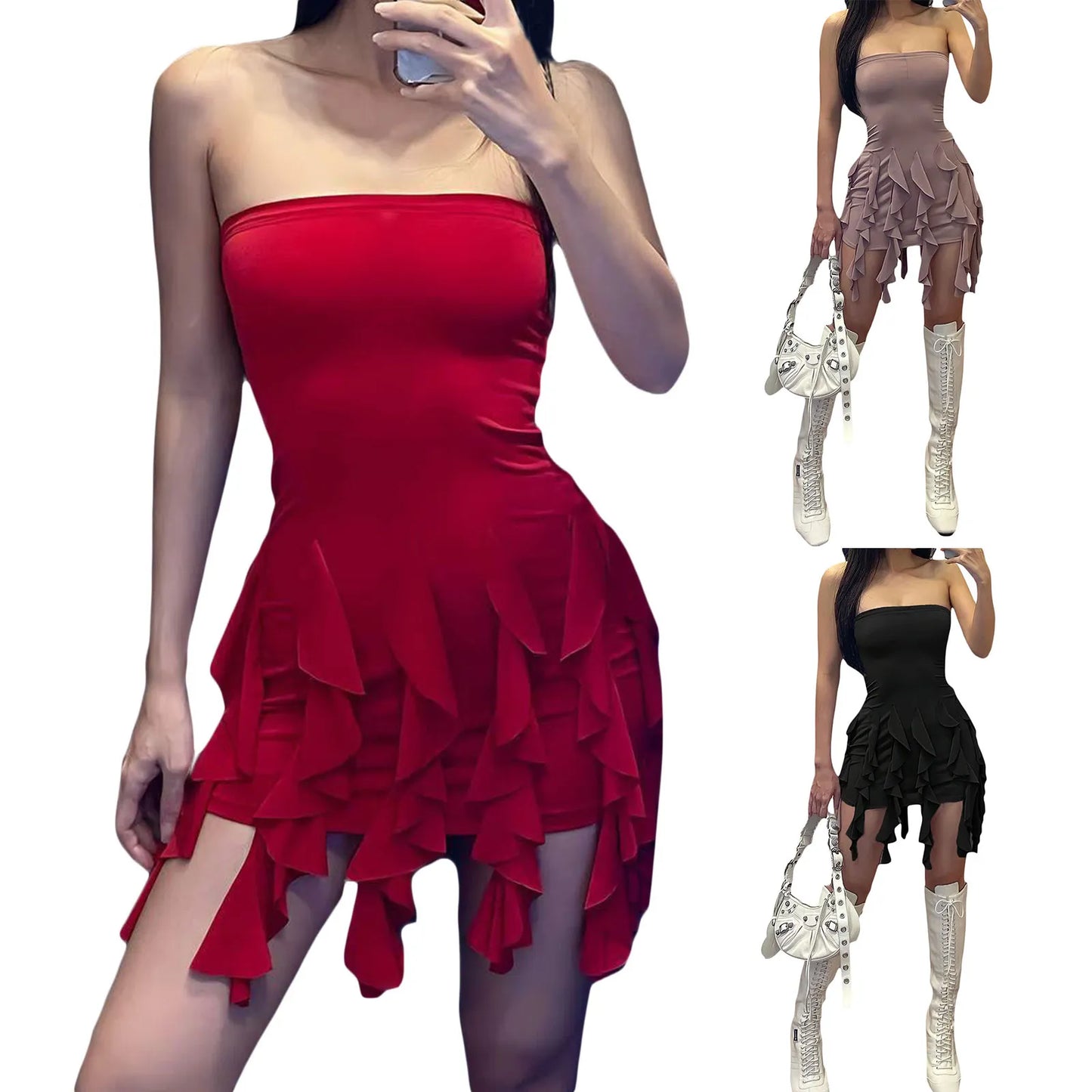 Vestido ceñido al cuerpo con borlas y volantes de hadas para mujer, minivestido Irregular sin tirantes con hombros descubiertos, ropa de calle 2023