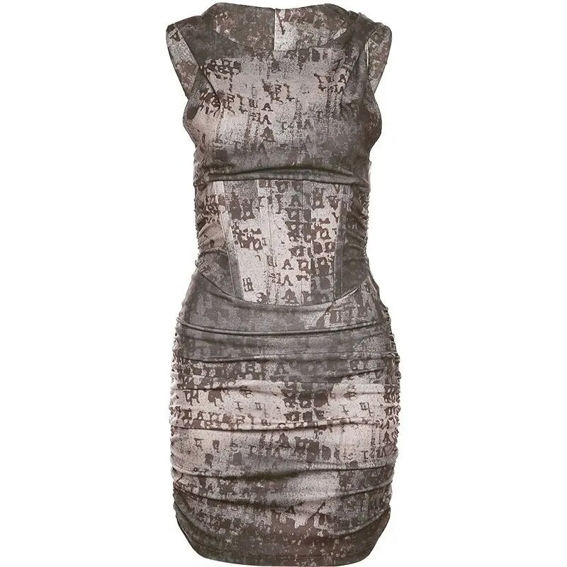 Wasteland Style Unique Retro Print Age Reducing Hooded Sleeveless Short Dress for Women Slim Fit Sexy Girls Wrapped Hip Dress