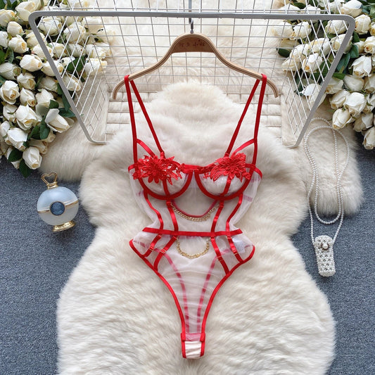 Wanita Sheer Embroidery  Bodysuits Strap Backless Chain Mesh Lace Slim Playsuits Women Uniform Open crotch Sexy Sleepwear