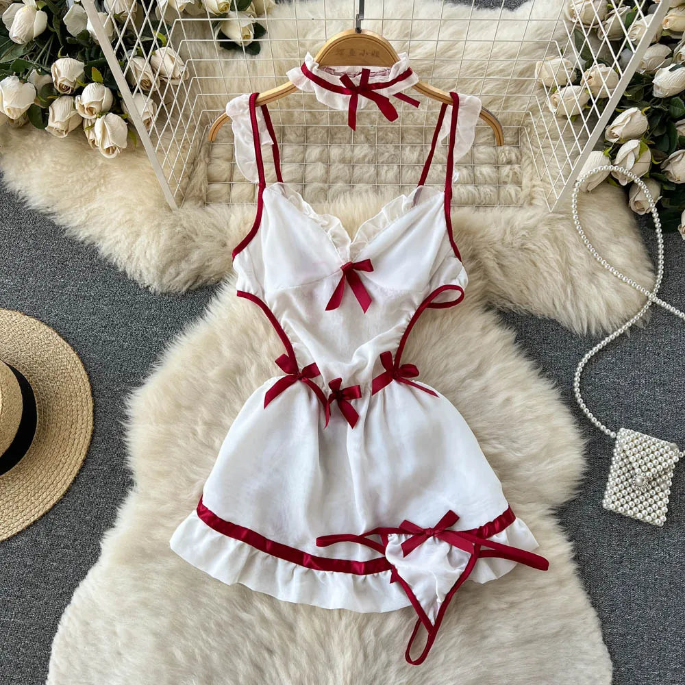 Wanita Cosplay Maid Uniform Sexy Nightdress Halter Backless Hollow Out Bow Mini Dress+Thongs   Mini Nightwear suits