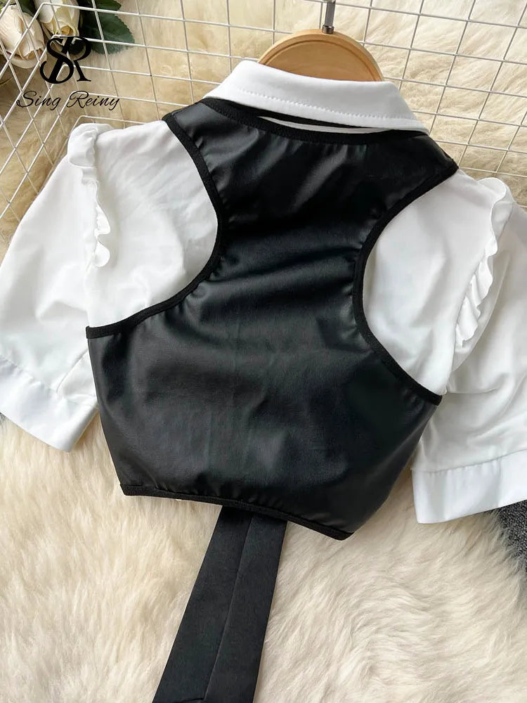 Wanita – costume deux pièces ajouré Sexy pour femmes, gilet en cuir à la mode + Mini jupe sensuelle + tongs, tenue de Style japonais