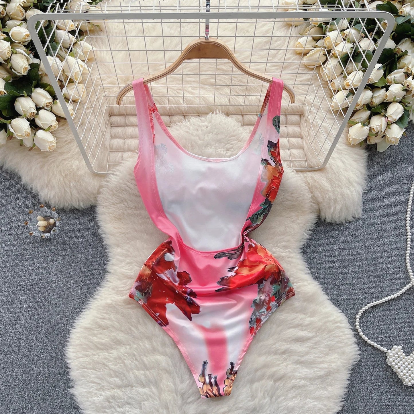 Body Sexy con estampado sin espalda para mujer, Bikini Sensual floral elástico sin mangas con tirantes, monos ajustados con entrepierna abierta Wanita