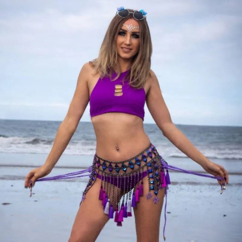 Conjunto de 2 piezas Y2k para mujer, Tops cortos con cuello Halter y espalda descubierta de cristal brillante, minifalda con borlas, traje de cadena para el cuerpo para Festival Rave