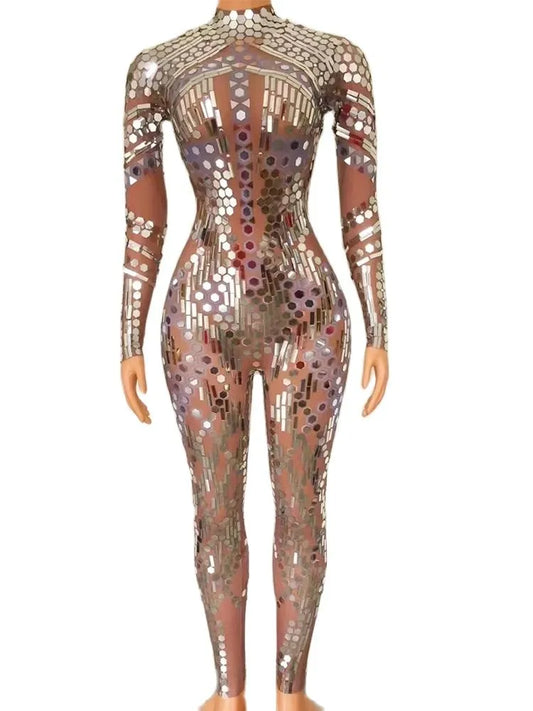 2023 Sexy Glitter Sequines Jumpsuit Women Long Sleeve Ankle Length Custom Bodysuit Women Long Bodysuit Performance Wear