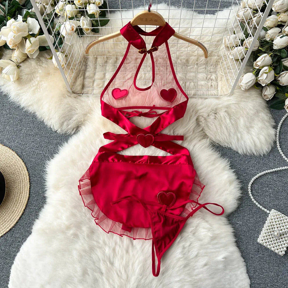 Wanita Sheer Hollow Out Sexy Nightdress Women Transparent Mesh Splice Love Apron Dress Cosplay   Mini Nightwear