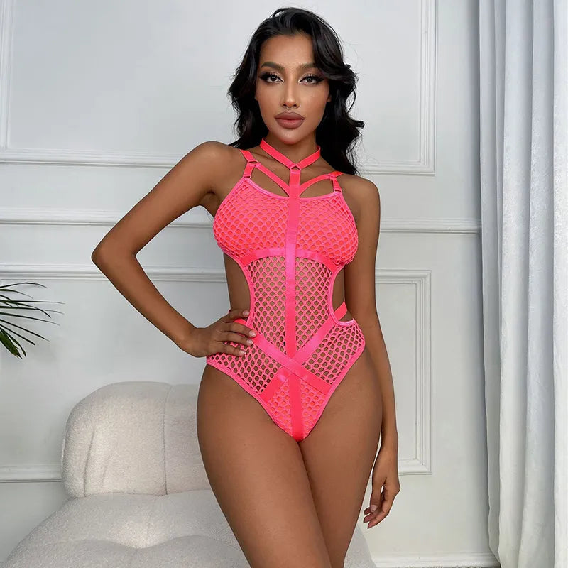 Body en maille transparente en filet de poisson pour femmes, Lingerie gothique Sexy, salopette ajourée sans manches, haut en dentelle noire