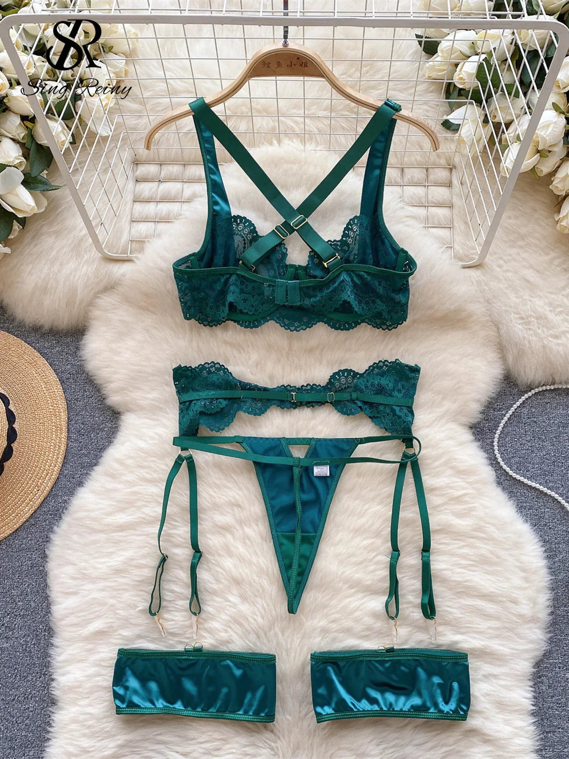 2023 Embroidery  Sleepwear Mesh Lace Three Pieces Suits Strap Mini Bra+Garter+Thongs Sexy Underwear Sets Wanita