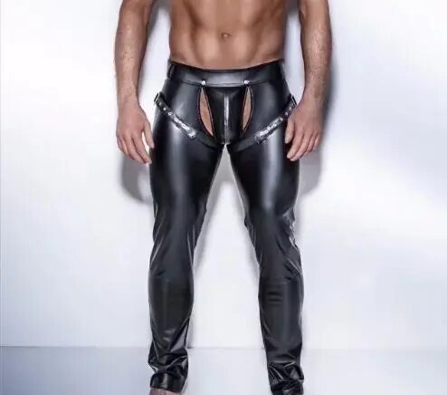 Pantalones sexis de látex de piel sintética con entrepierna abierta para hombre, pantalones con correas para Club nocturno de PVC, ropa gótica Punk para discoteca