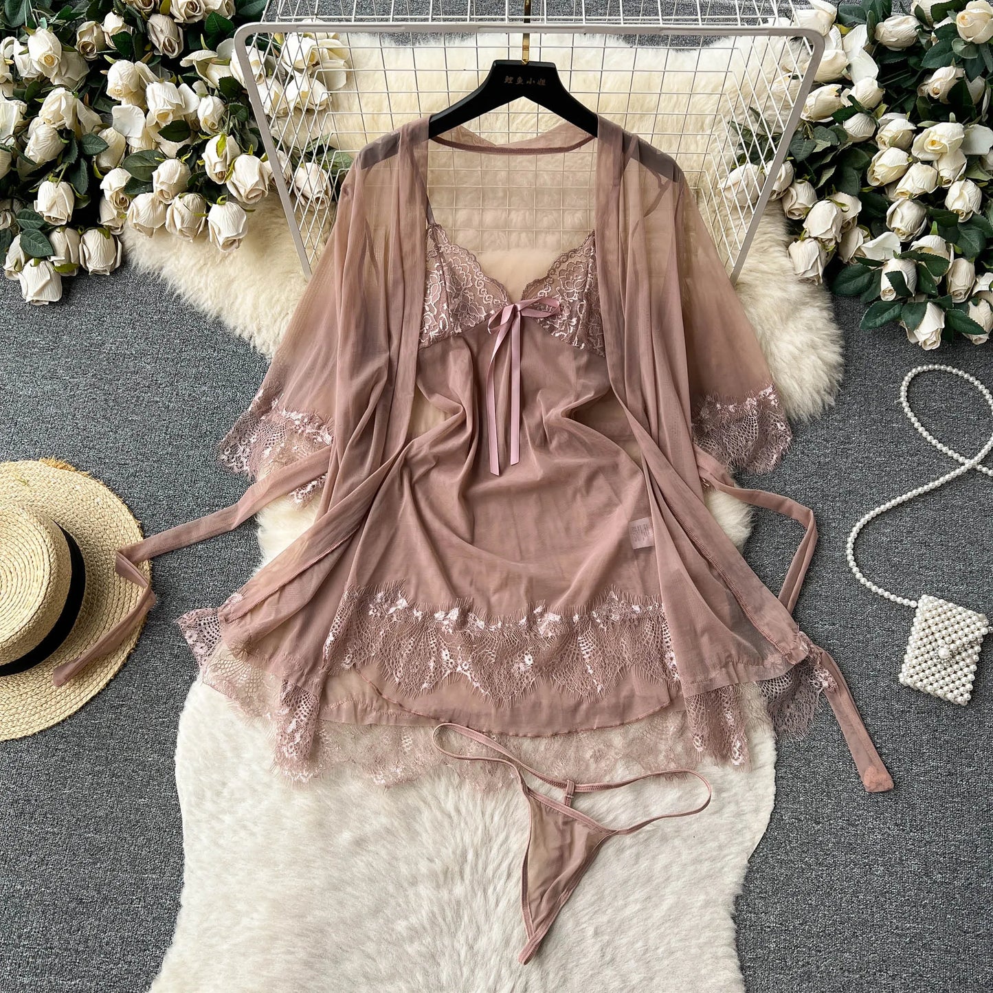 Women Sexy Lace Nightwear Suits Transparent Short Dress+Mesh Cardigans+Thongs 2023 Sheer   Nightdress Sets Wanita