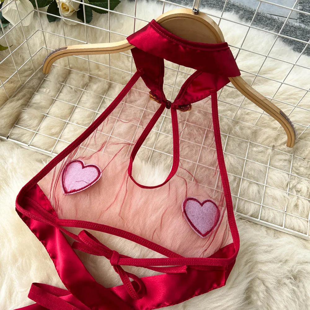 Wanita-camisón transparente con agujeros para mujer, minivestido Sexy con empalme de malla transparente, delantal de amor, Mini ropa de dormir para Cosplay