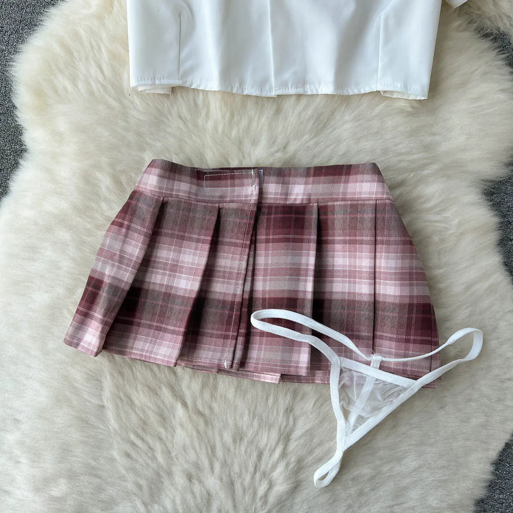 Traje de Cosplay para mujer, Camisa corta con cuello de solapa, minifalda a cuadros y tangas, ropa de dormir Sexy de estilo preppy 2023 Wanita