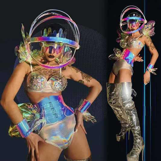 Femmes Future Sense Gogo Costume de danse Sexy Bikini pôle danse vêtements Laser casque chapeaux discothèque danseur Rave tenue VDB5641