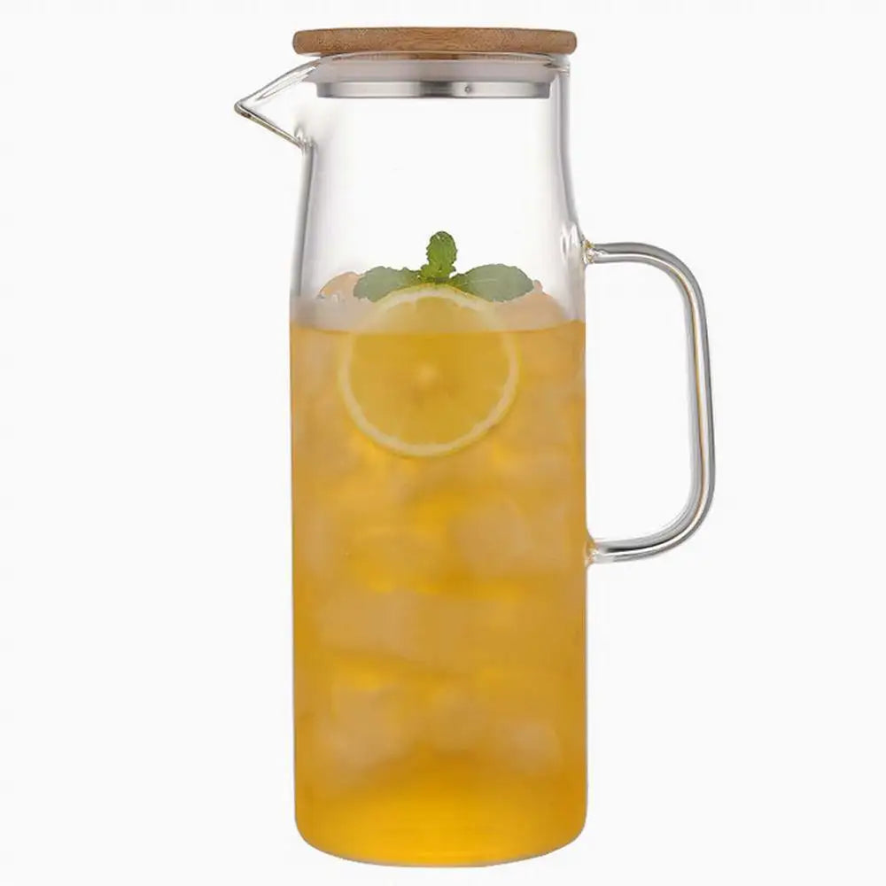 Jarra de agua de vidrio de 1,5 l con asa, tapa de bambú, tetera caliente fría resistente al calor, jarra de té de gran capacidad, jarra de agua y zumo