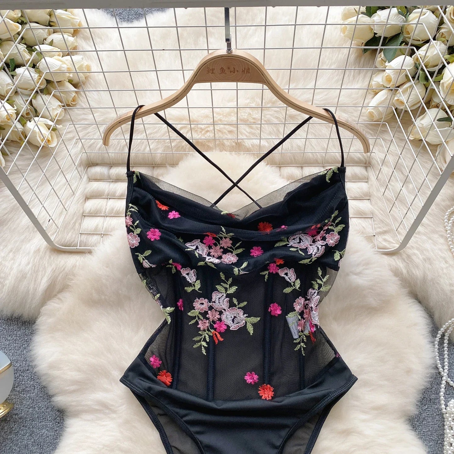 Women Lace Floral Embroidery Sensual Bodysuits Sleeveless Corset Mesh Slim Bodycon Top Open Crotch Backless Playsuits Wanita