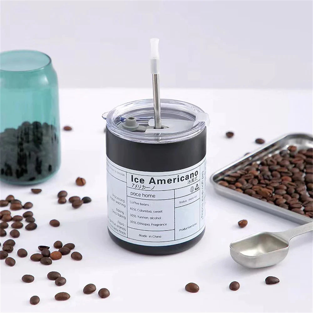 Coffee Cup Thermos 304 Stainless Steel Double -layer Cooler Straw Cup Portable Reusable Ins Ice American Coffee Mug Water Bottle