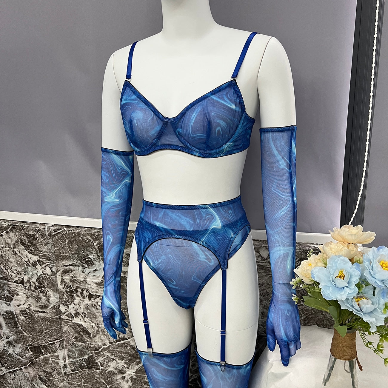 Lingerie teinture par nouage avec manches de bas, sous-vêtements fantaisie Sexy, 5 pièces, non censurée, intime, transparente, en maille, tenues sensuelles