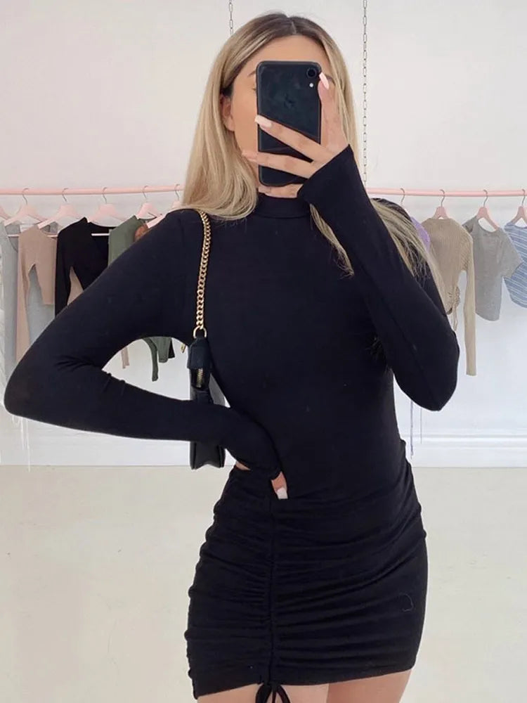 Long Sleeve Ruched Bodycon Dress Women Turtleneck  Mini Dresses Autumn Black Skinny Stretchy Party Vestidos