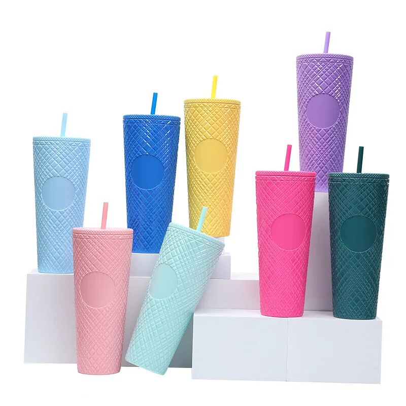 710ML Diamond Radiant coffee cup With Lid and Straw Water Mug Tumbler Cup Double Layer Plastic Coffee Mug Large Capacity