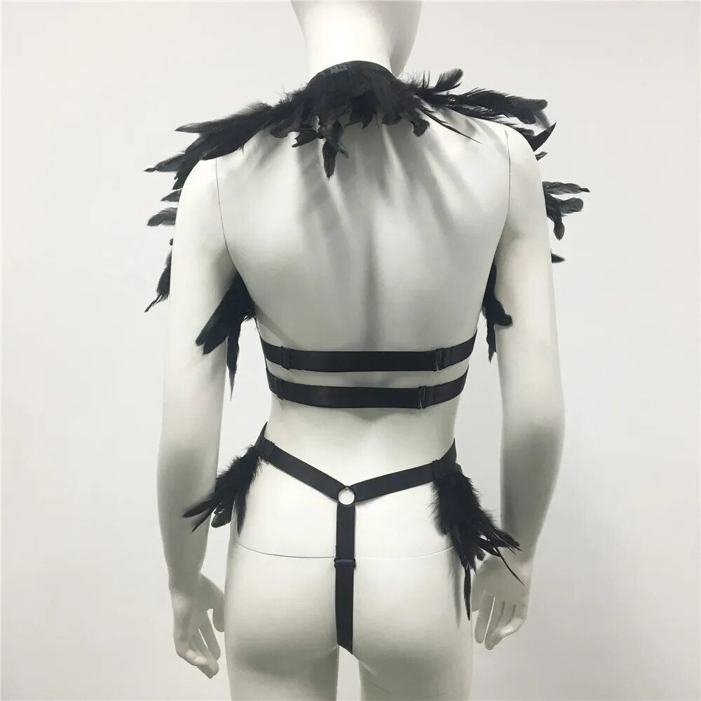 Conjunto de arnés de plumas gótico Punk para mujer, camisetas sin mangas caladas para club nocturno, lencería Sexy, fiesta Rave, fiesta de carnaval, trajes de 2 piezas 