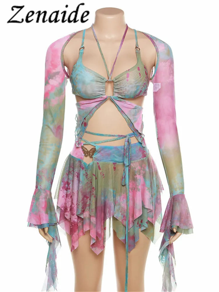 Zenaide Fall Mesh Butterfly Women 3 Piece Set  Cami+Irregular Skirt+Fairy Festival Crop Top Tie Dye Rave Party Outfit Y2K