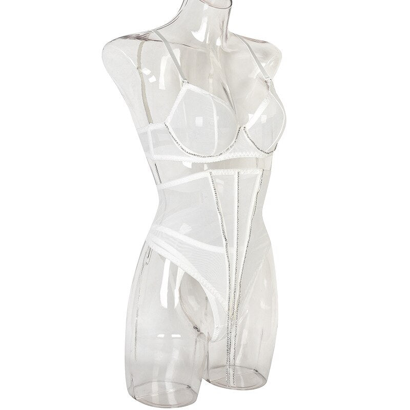 Lencería con diamantes de imitación y cintura para mujer, ropa interior Sensual de encaje transparente con borlas brillantes, íntima Sexy sin censura