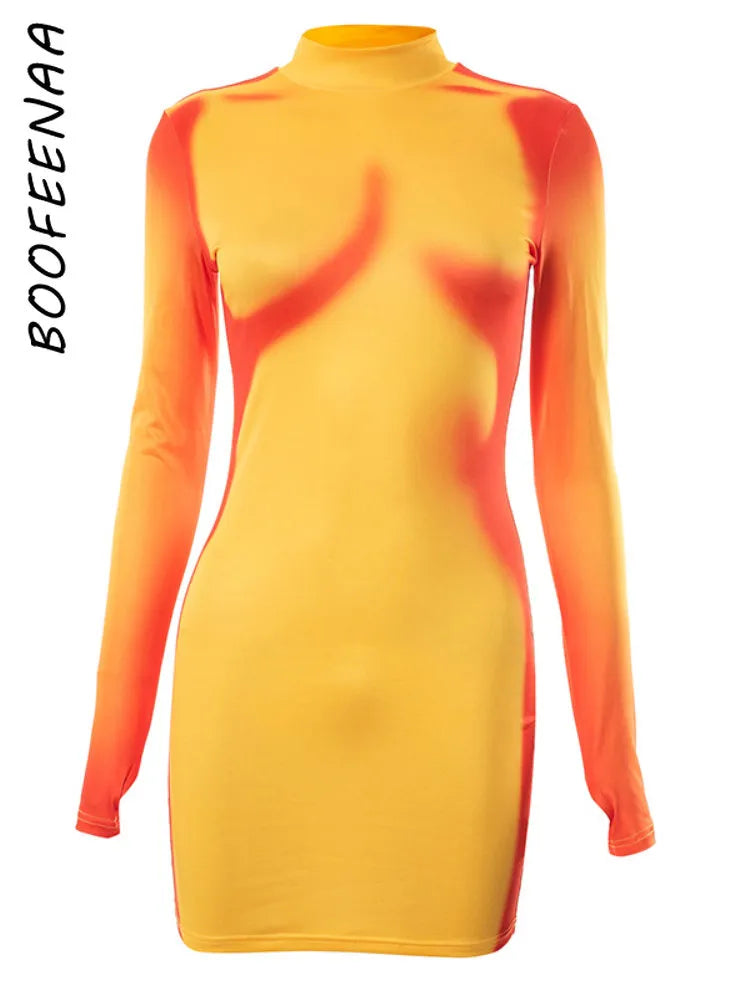 BOOFEENAA jaune 3D corps imprimé robe Sexy Y2k Streetwear femmes vêtements à manches longues moulante robes courtes tenue de club C85-BD18