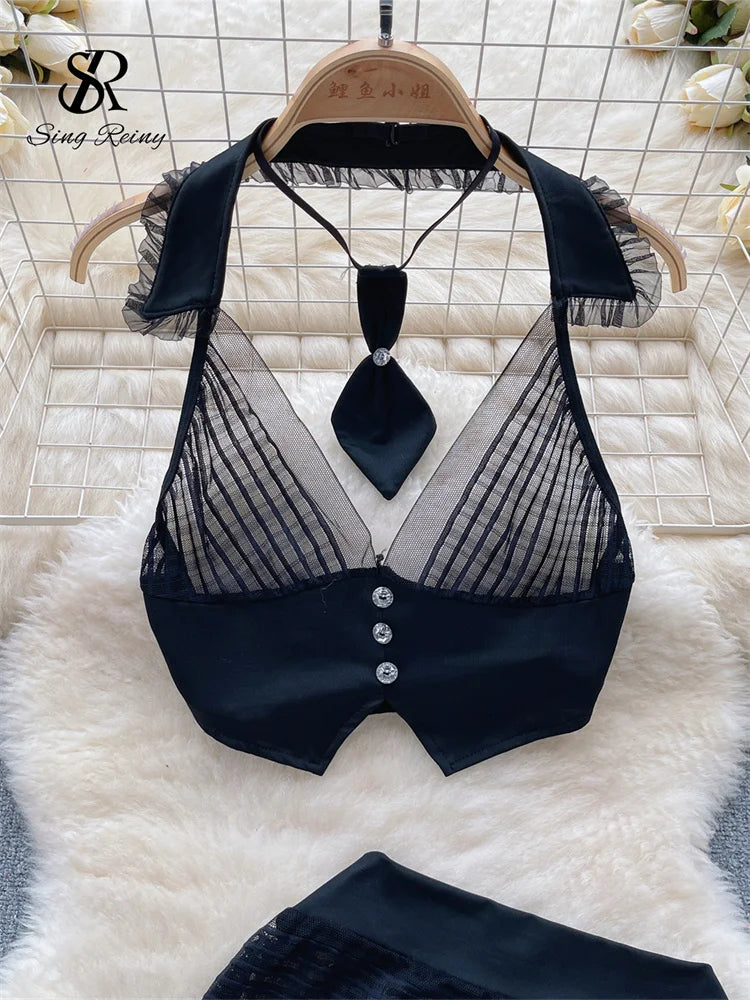 Ensemble trois pièces Sexy pour femmes, camisole transparente, Mini jupe et tongs, col licou, costume coréen en dentelle, dos nu, Wanita, 2023