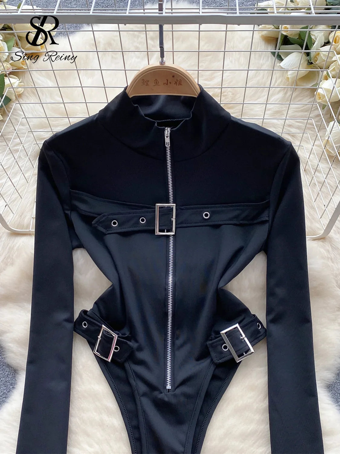 2023 Fashion Hotsweet Sexy Bodysuits Half High Collar Long Sleeved Zipper Women Open Crotch Streetwear Slim Playsuit Wanita