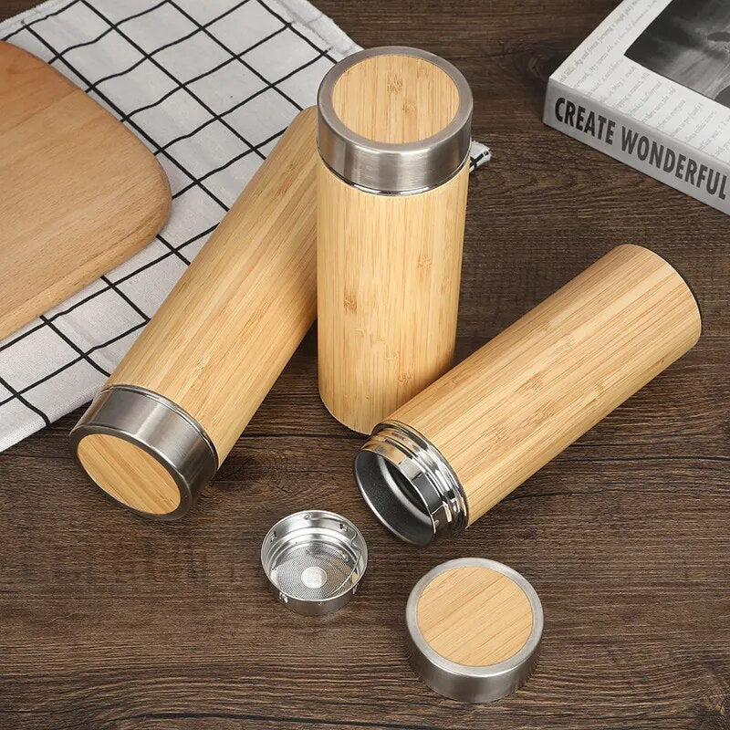 Eco-friendly Thermos Water Bottles, Stainless Steel Coffee Thermal Mugs, Creative Natural Bamboo