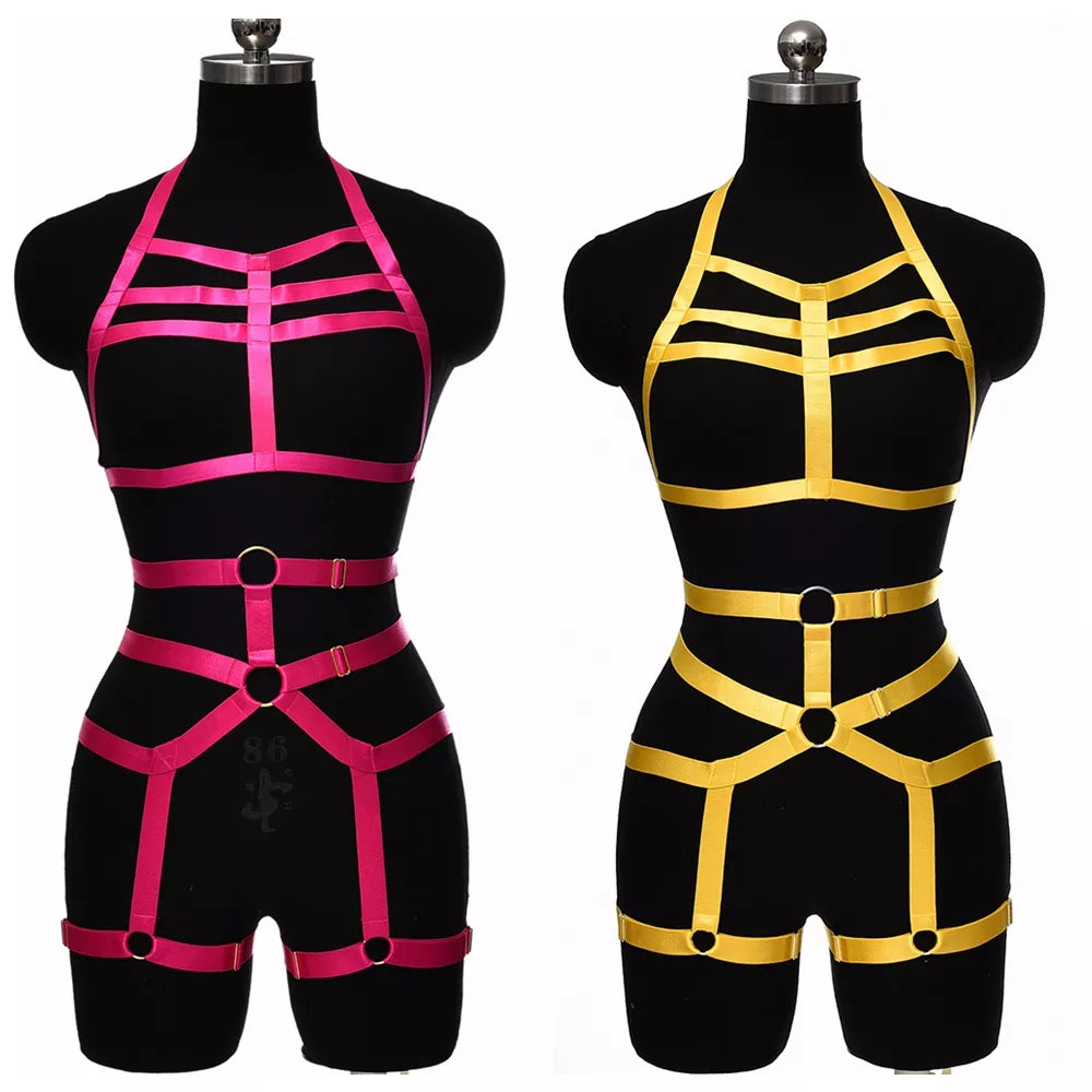 Wanita Goth Wear pôle danse corps harnais élastique jambe jarretière ajuster sangle creux corps Cage Lingerie bretelles ceinture