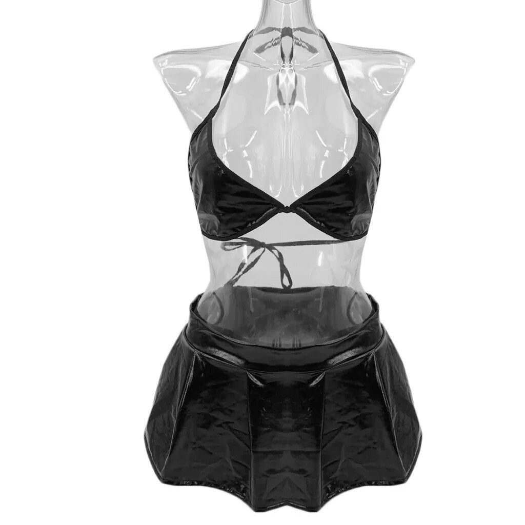 Women Plus Size Faux Leather Black Lingerie Set Sexy Halter V-Neck Backless Bra with Mini Pleated Skirt Night Clubwear