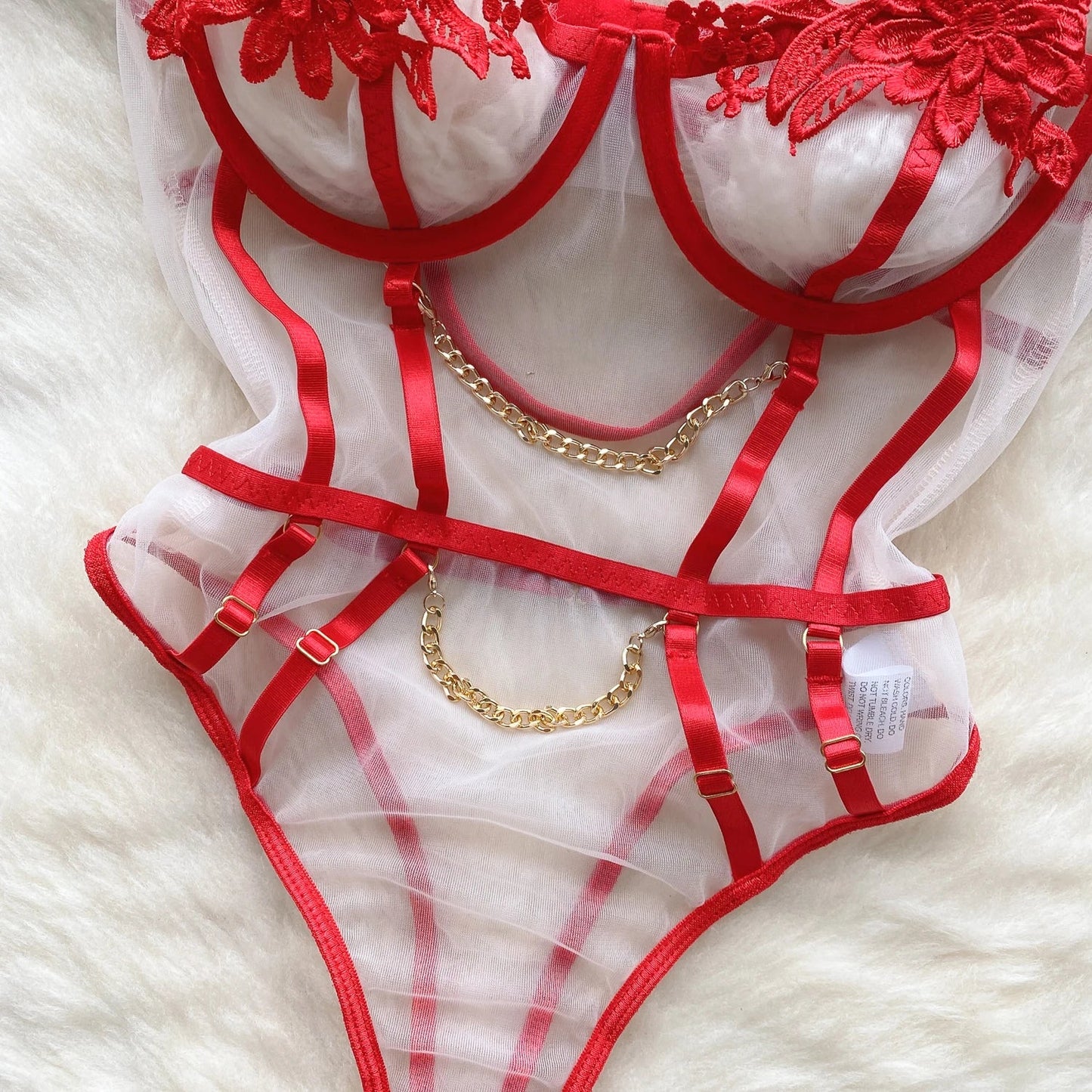 Wanita Sheer Embroidery  Bodysuits Strap Backless Chain Mesh Lace Slim Playsuits Women Uniform Open crotch Sexy Sleepwear