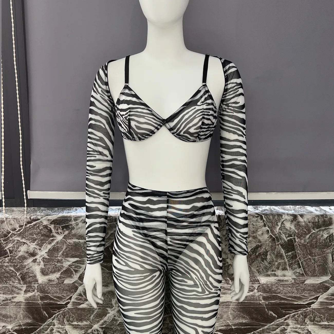 Conjunto de lencería de cebra para Top corto completo, conjunto ajustado de encaje transparente transparente, bragas íntimas sin costuras