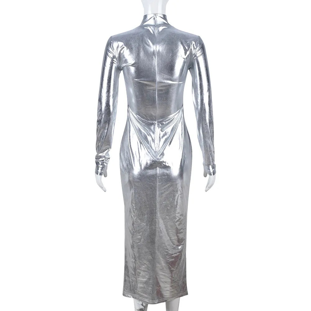 Vestido de fiesta de manga larga de cuero brillante reflectante con cremallera plateada para mujer 2023 nuevo Y2K vestido largo ceñido al cuerpo Sexy para discoteca