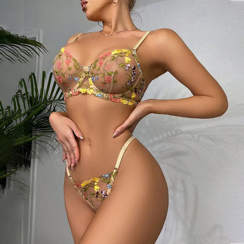 Yimunancy 2-Piece Lace Bra Set Women Floral Embroidery Underwear Set Transparent Khaki Panty Set