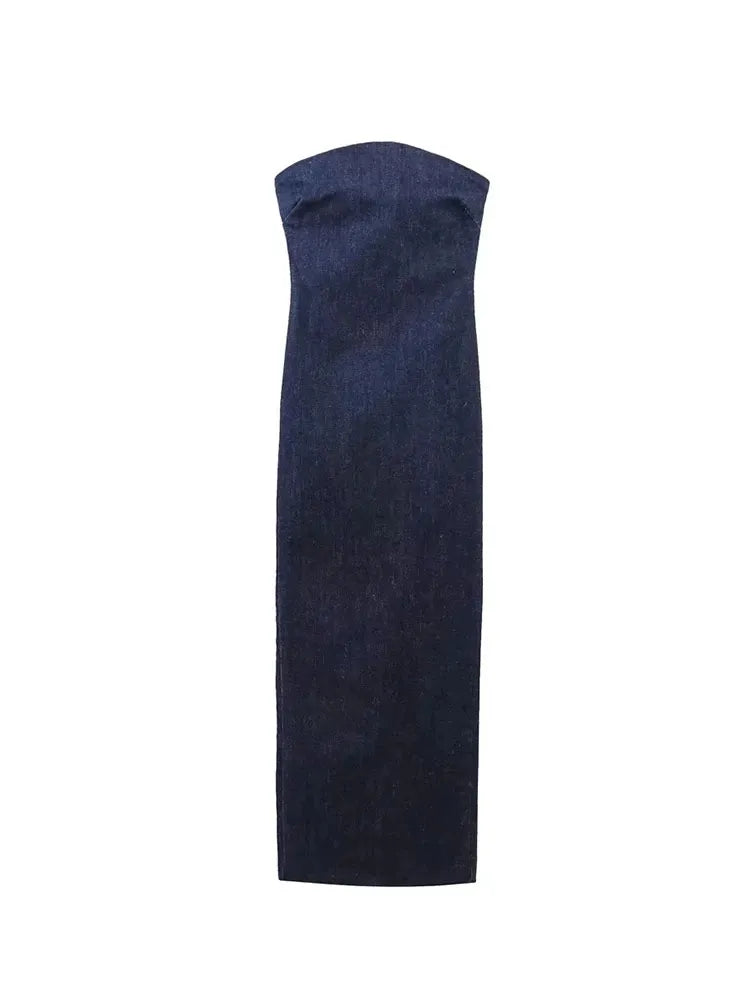 Nlzgmsj TRAF Sexy bretelles dos nu fermeture éclair robe fendue fête bleu Denim femme longue robe pour les femmes robes de soirée d'été