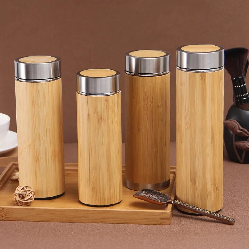 300ml-500ml Creative Bamboo Thermos Bottle Stainless Steel Water Bottles Vacuum Flask Portable Coffee Thermos Cup Customize Logo