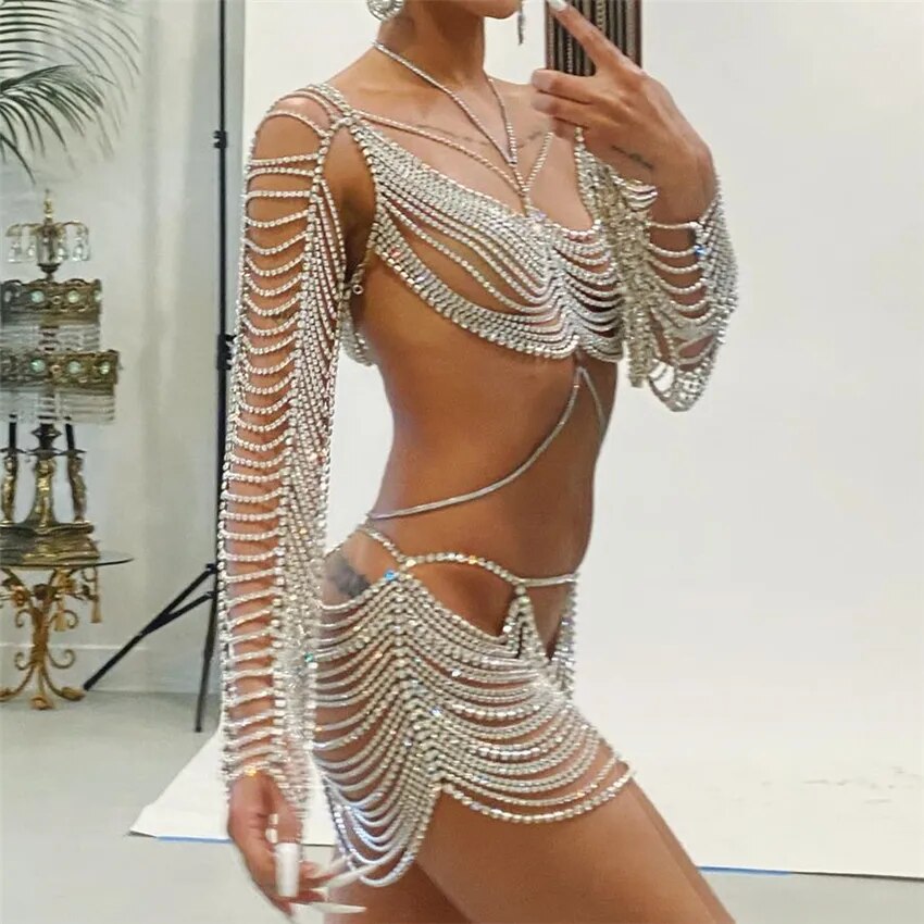 Chaîne de corps en strass pour femmes, bijoux de luxe, haute qualité, Sexy, mode fête, Bikini, harnais, soutien-gorge et jupe, accessoires, cadeau, 2022