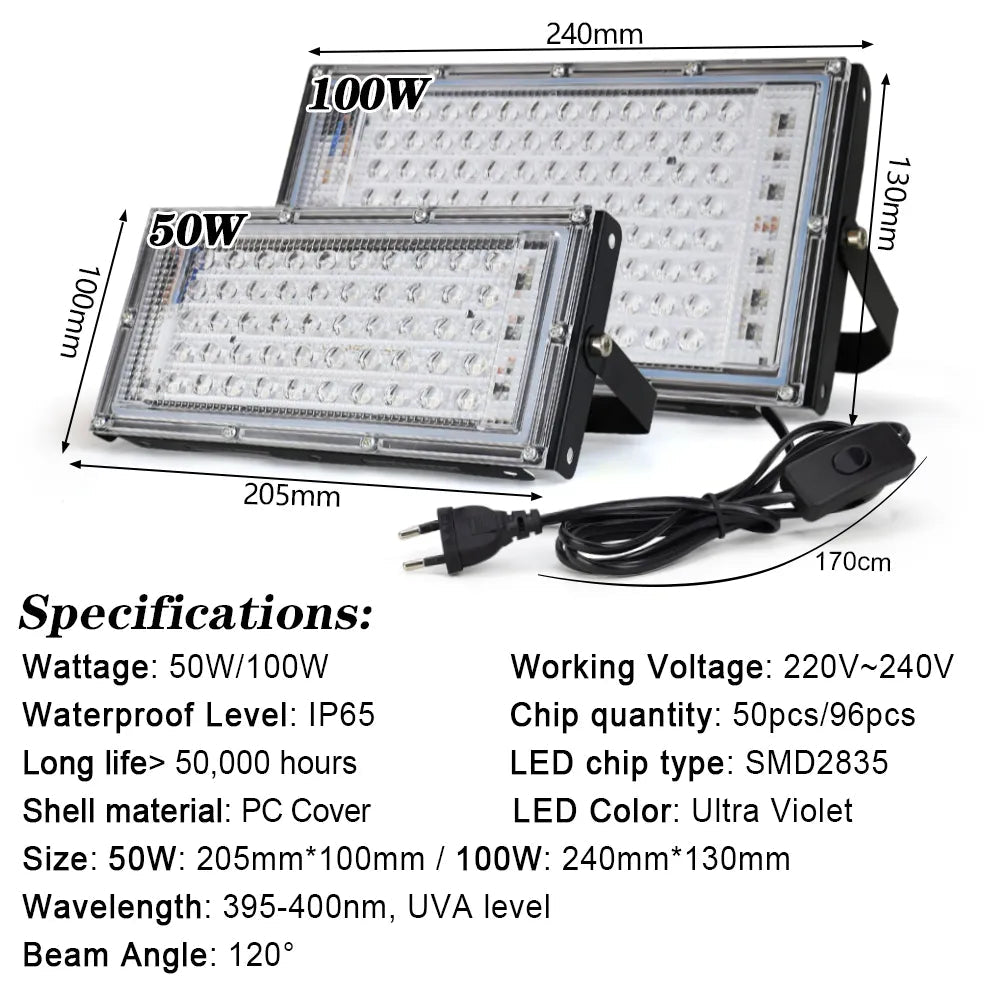 50W 100W UV Flood Light AC 220V Outdoor Floodlight 395nm 400nm Ultraviolet Fluorescent Stage Lamp With EU Plug Party Blacklight