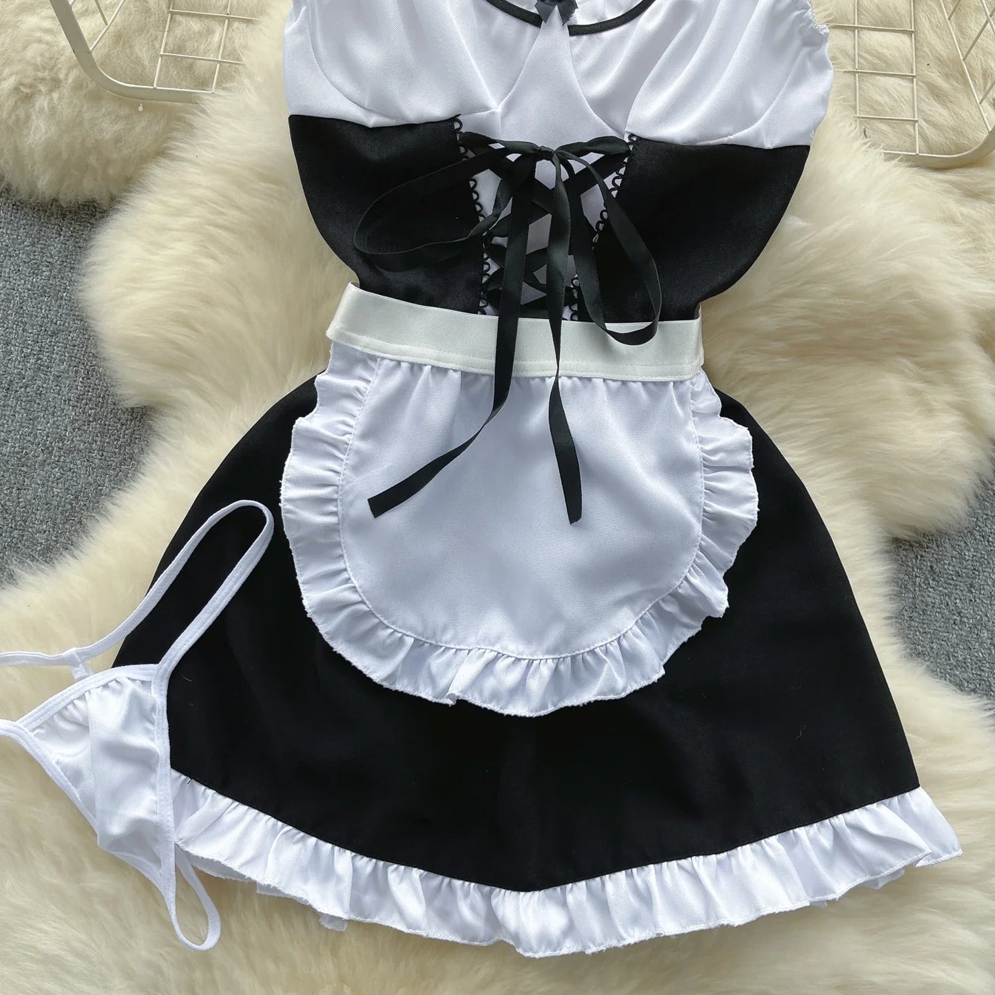 2023 Maid Uniform Sexy Nightsuits Hollow Out Backless Ruffles Lace Up Bow Mini Dress+Thongs Cosplay   Suits Wanita