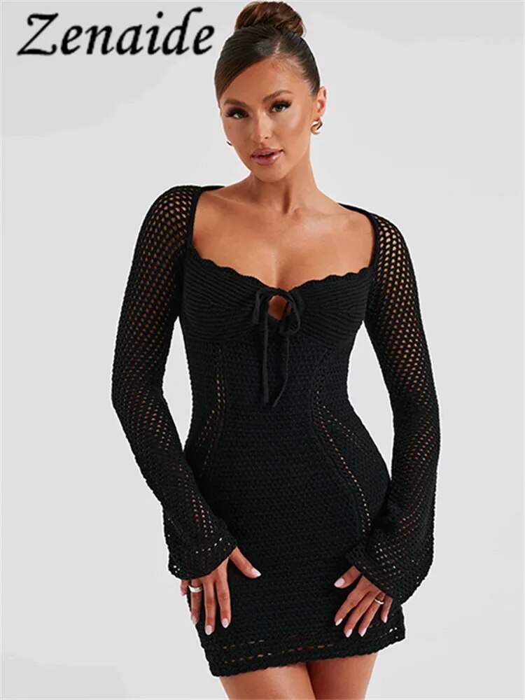 Zenaide – robe Mini à manches longues, ajourée, Sexy, transparente, tricotée, Crochet, dos nu, tenue de soirée, automne 2023