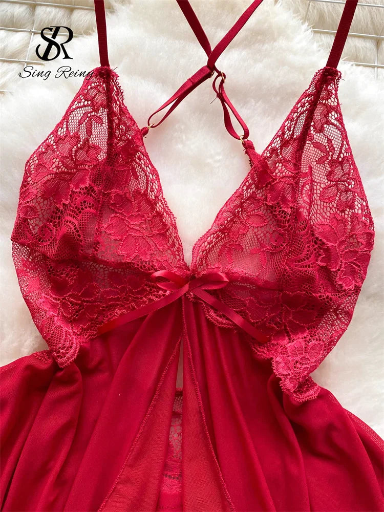 Wanita – Mini robe en dentelle transparente, Sexy, bretelles, dos nu, tongs, maille transparente, pour femmes