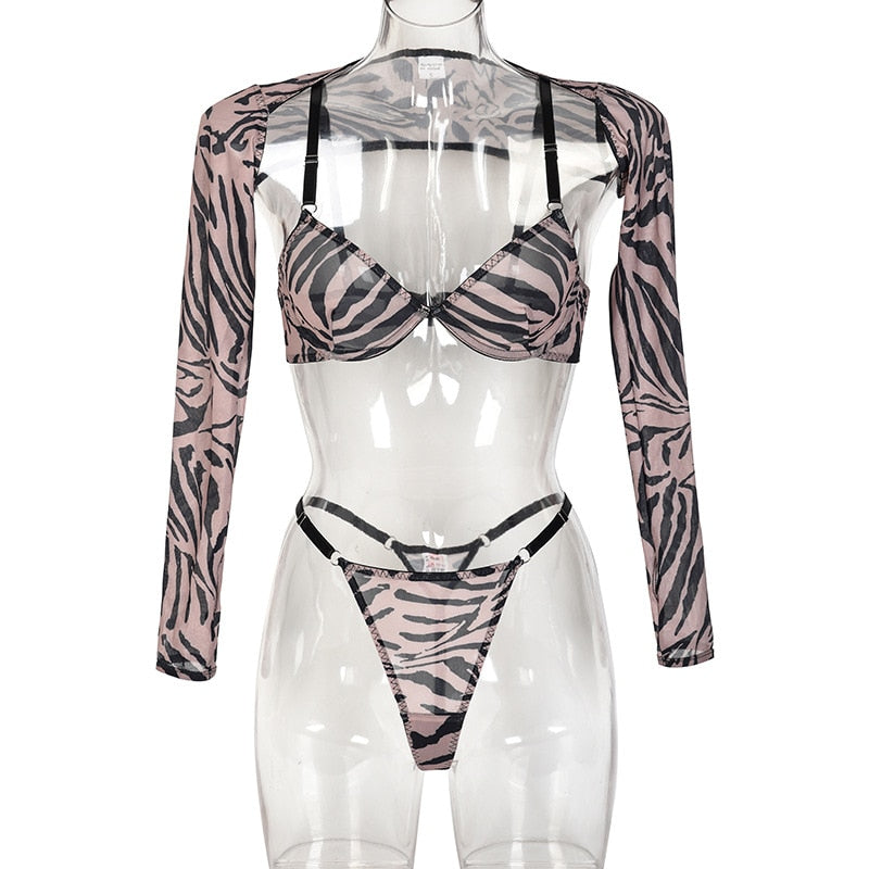 Zebra Lingerie For Full Crop Top Tight Outfit Transparent Sheer Lace Seamless Intimate G-String Briefs Sets