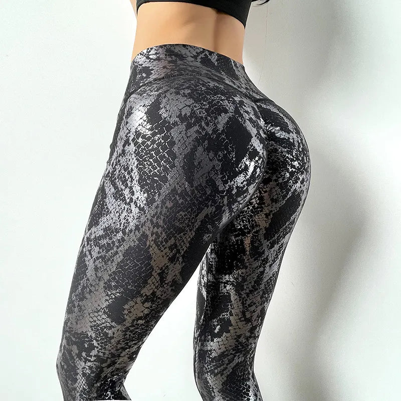 Pantalones de Yoga con estampado de serpiente para mujer, mallas deportivas elásticas de cintura alta, nalgas elásticas doradas, sexys e informales