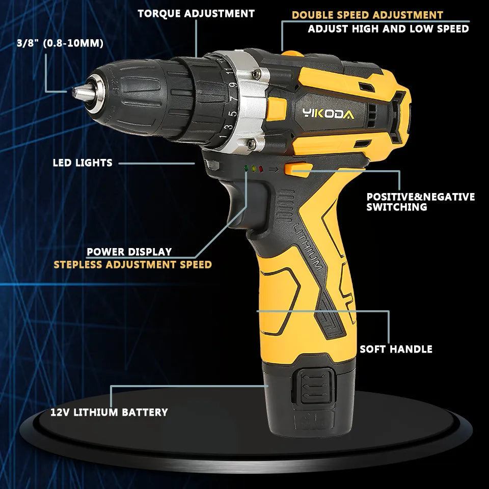 YIKODA perceuse sans fil 12/16, 8/21V, tournevis électrique Rechargeable, batterie au Lithium, outils électriques multifonctions à 2 vitesses pour la maison