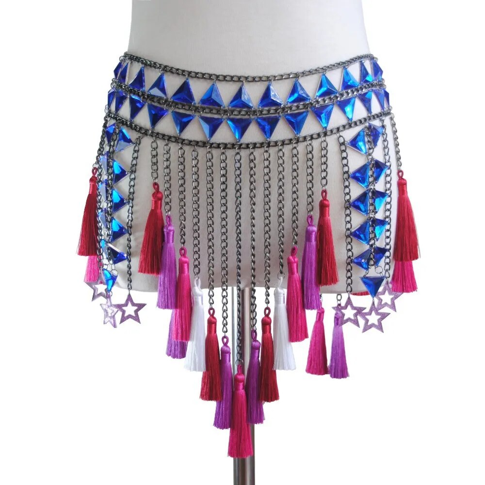 Conjunto de 2 piezas Y2k para mujer, Tops cortos con cuello Halter y espalda descubierta de cristal brillante, minifalda con borlas, traje de cadena para el cuerpo para Festival Rave