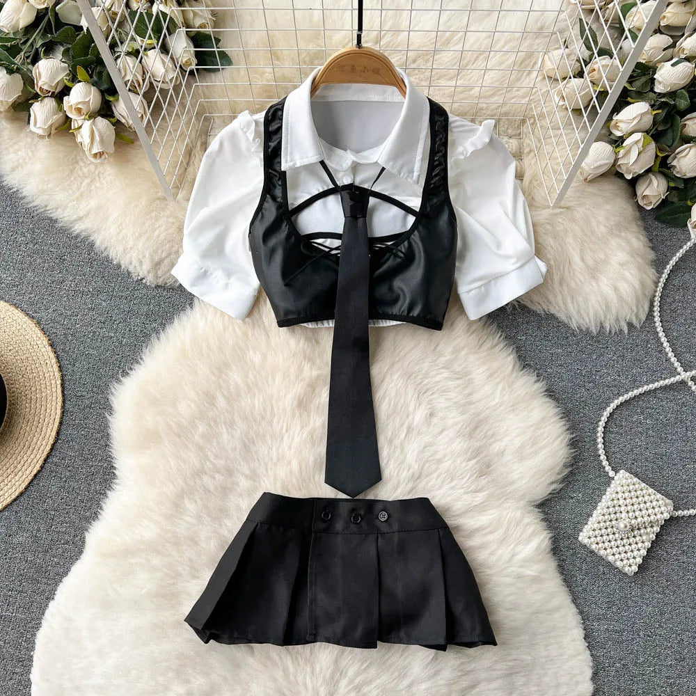 Wanita – costume deux pièces ajouré Sexy pour femmes, gilet en cuir à la mode + Mini jupe sensuelle + tongs, tenue de Style japonais