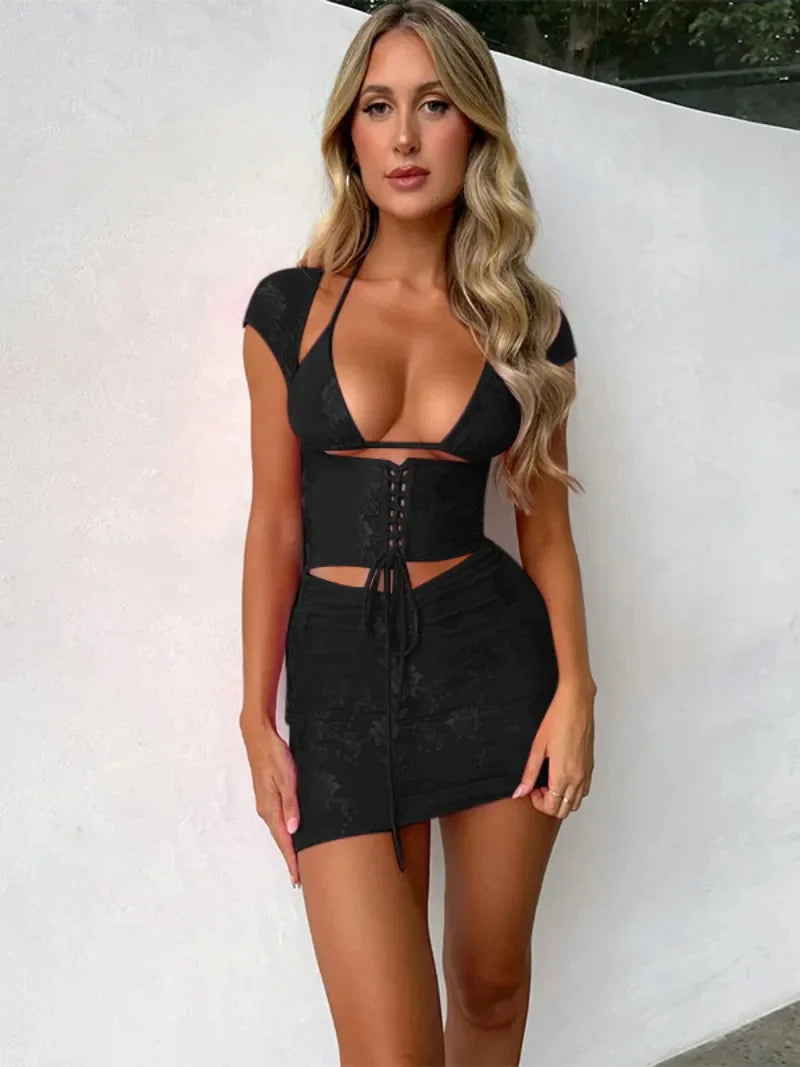 Conjunto de vestido Sexy de 3 piezas para mujer, vestidos de corsé de encaje ajustados de manga corta con cuello Halter calado, negro y blanco 2023