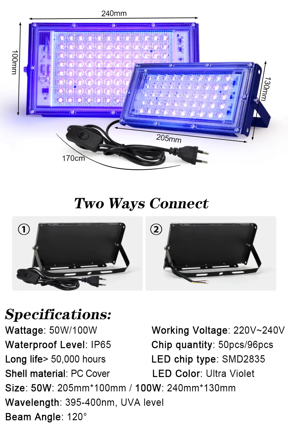 50W 100W UV Flood Light AC 220V Outdoor Floodlight 395nm 400nm Ultraviolet Fluorescent Stage Lamp With EU Plug Party Blacklight