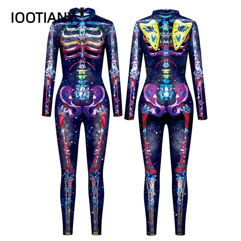 IOOTIANY 7 Colors 3D Skull Skeleton Printed Bodysuit Halloween Costume For Women Outfit Fancy Dress Clothing Adult Suit S-XL